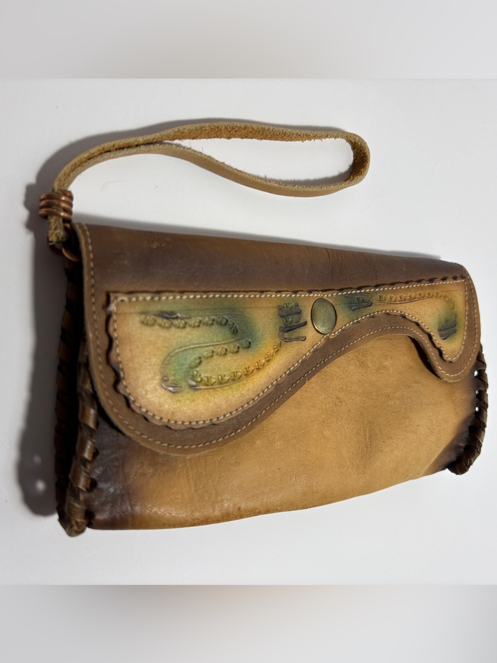 Vintage Hand Tooled Leather Wristlet Clutch Wallet Boho Western Whipstitch